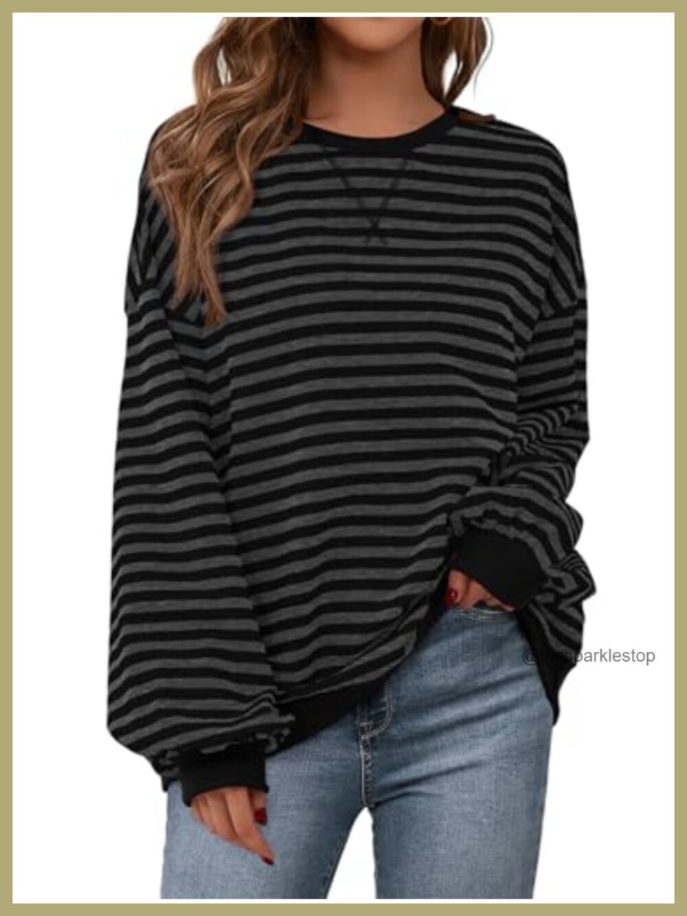 Striped Oversized Crewneck Sweatshirt Cotton Blend Long Sleeve